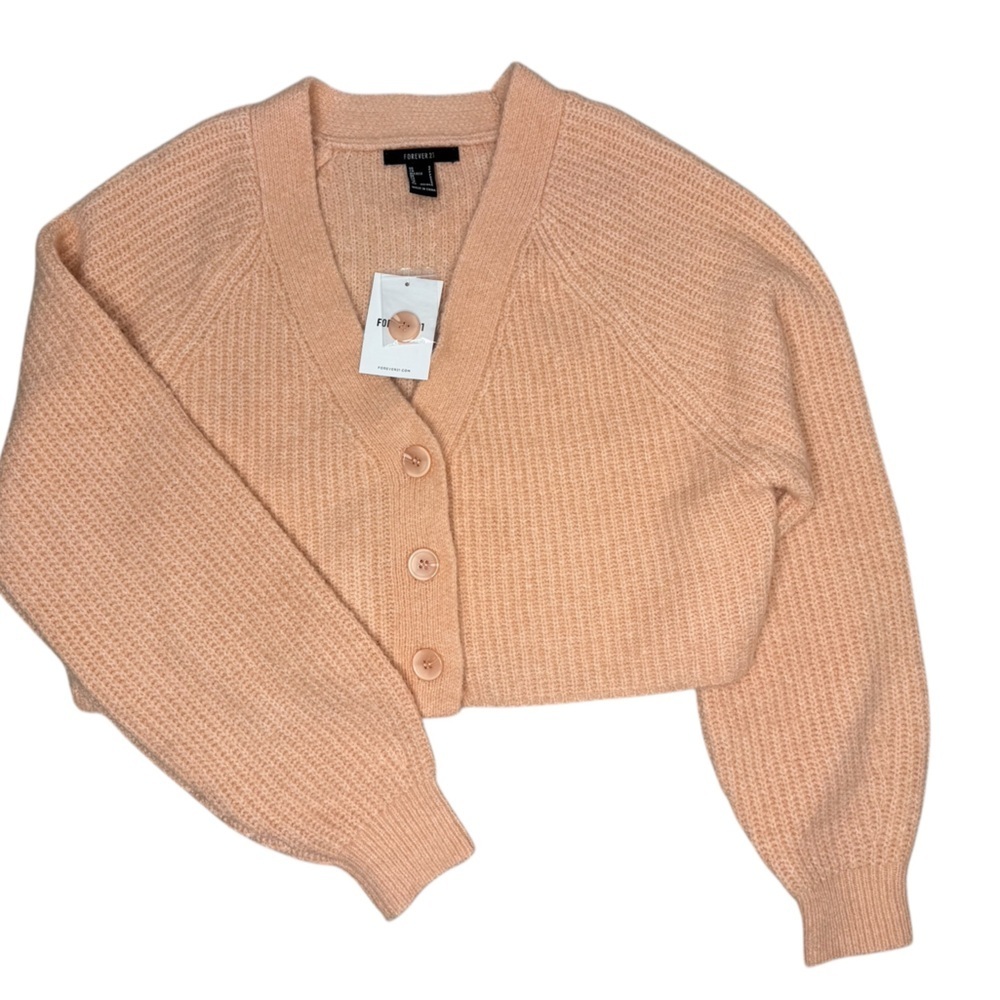 NWT FOREVER 21 Fuzzy Ribbed Cozy Cardigan Sweater  Pink size Small - Picture 2 of 6